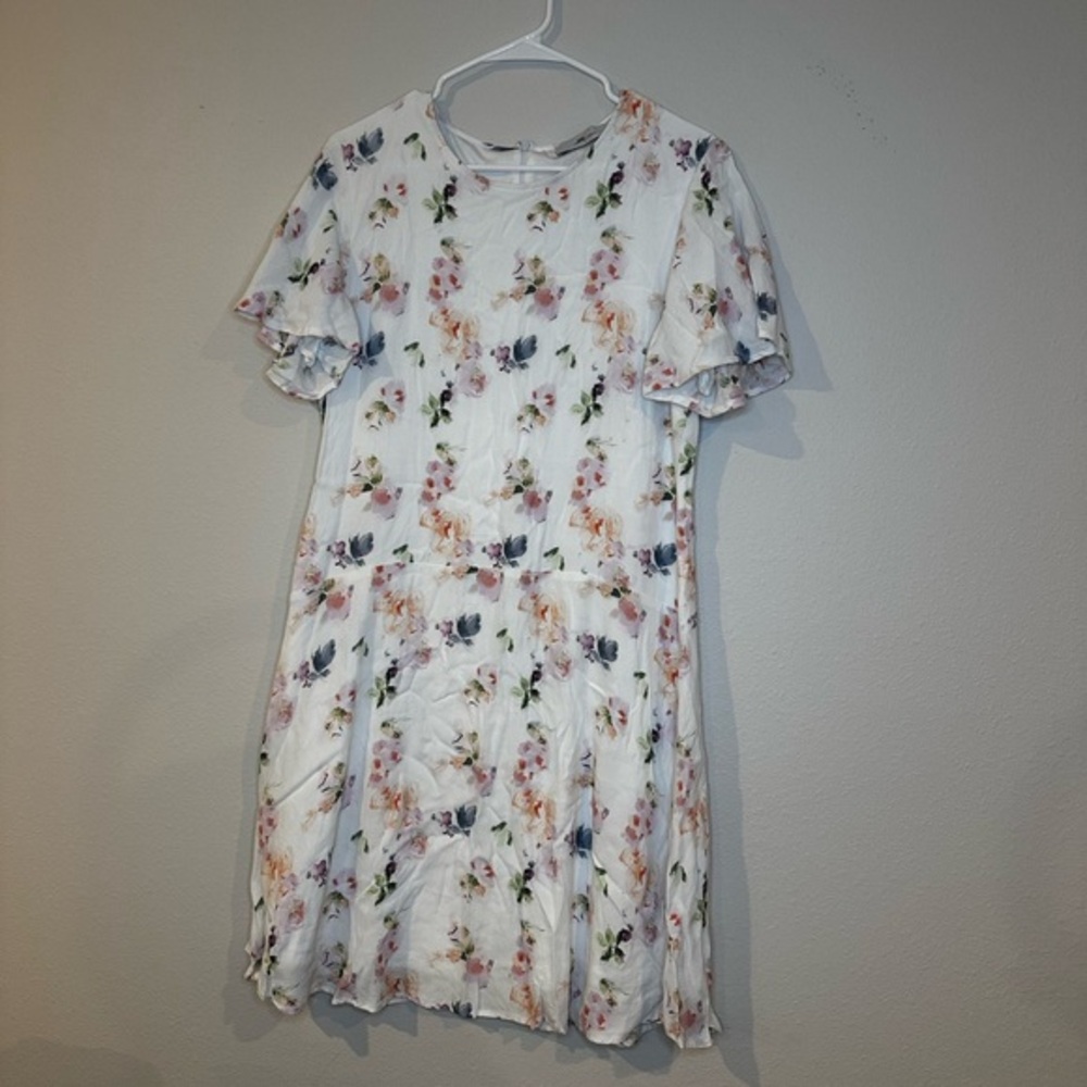 White size Large mini dress, square neck, puff sleeves‎ & multicolor flowers.